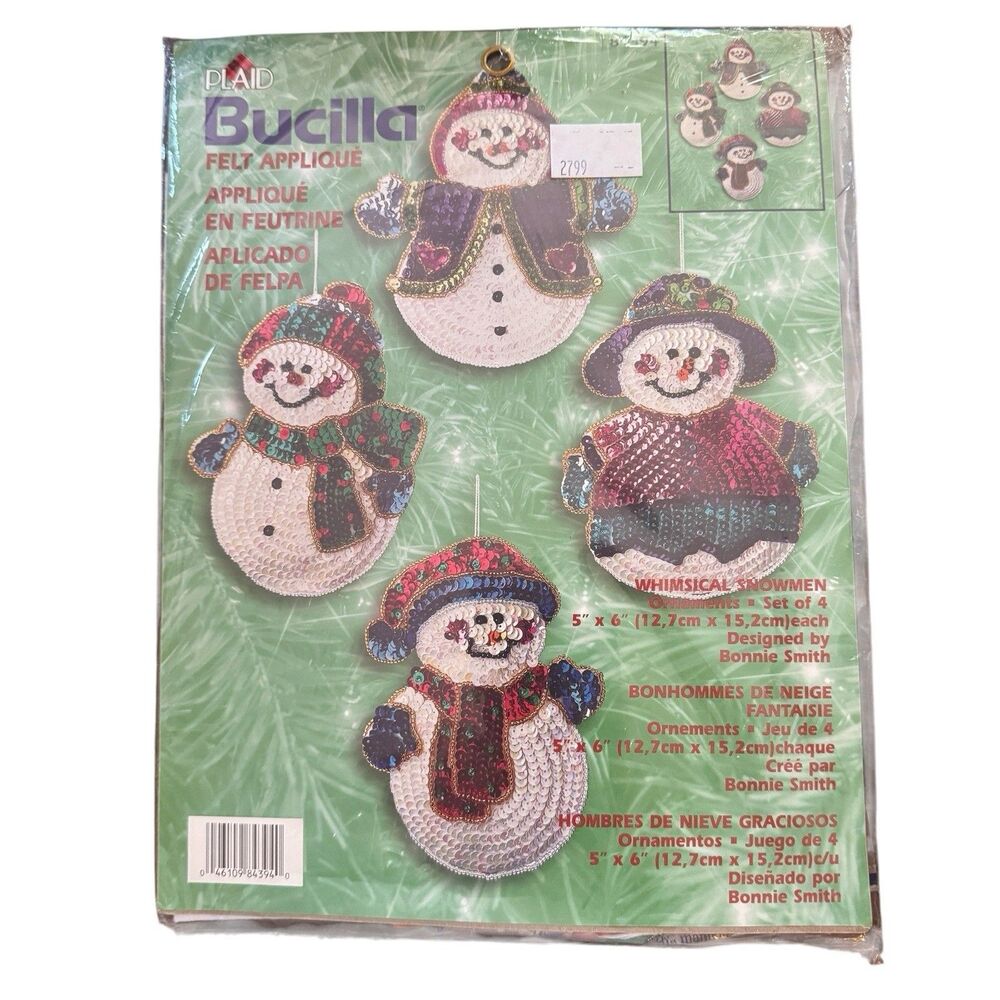 Bucilla Plaid Christmas Snowman Family Ornaments Felt Applique Kit 84439 VTG